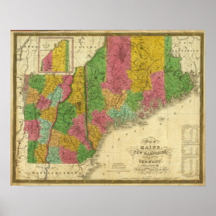Póster Mapa de Maine, de New Hampshire, y de Vermont