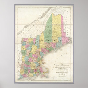 Póster Mapa de Maine, New Hampshire, Vermont