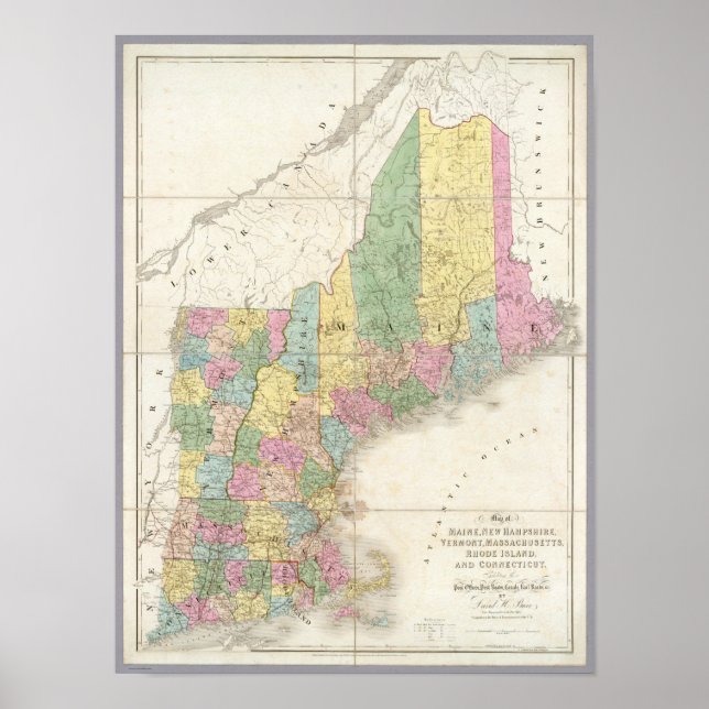 Póster Mapa de Maine, New Hampshire, Vermont (Frente)