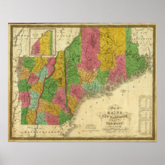 Póster Mapa de Maine, New Hampshire y Vermont