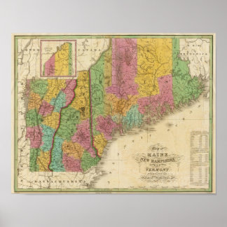 Póster Mapa de Maine New Hampshire y Vermont