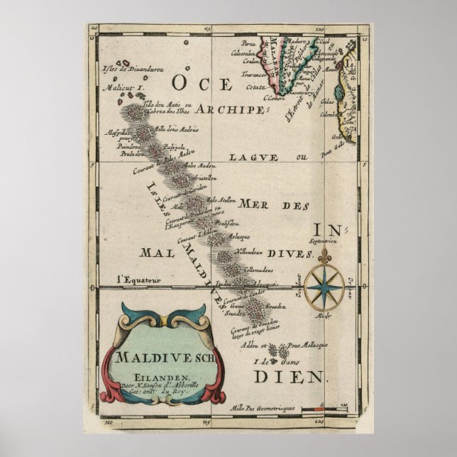 Póster Mapa de Maldivas de época (1705) (Frente)