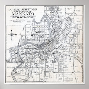 Póster Mapa de Mankato Minnesota de 1914