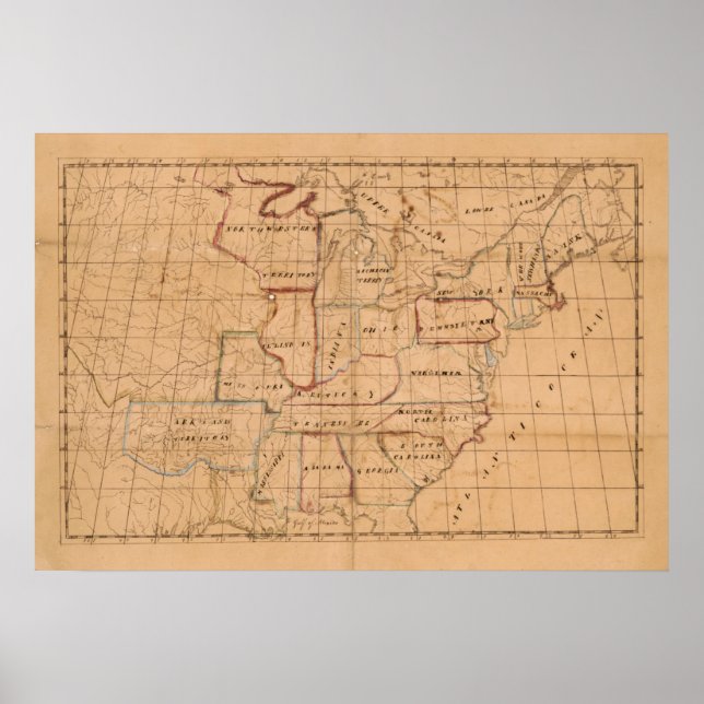 Póster Mapa de manuscritos de época de los Estados Unidos (Frente)