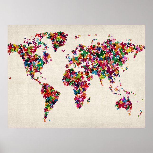 Póster Mapa de mariposas del mapa mundial (Frente)