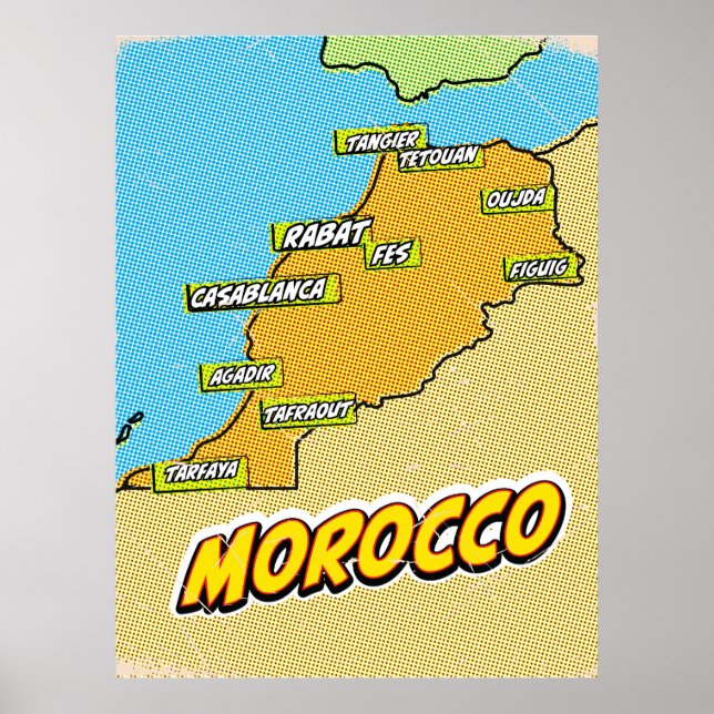 Póster Mapa de Marruecos ilustrado con Pop Art (Frente)
