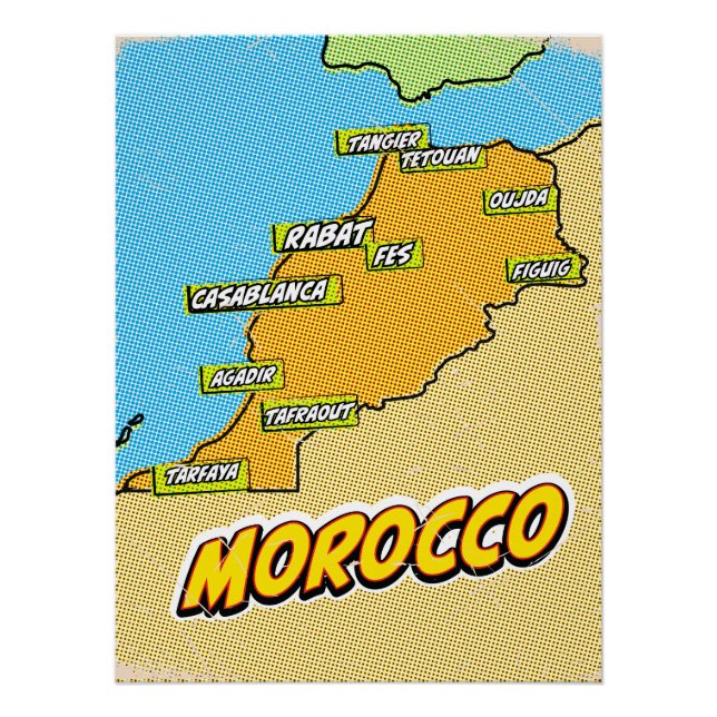 Póster Mapa de Marruecos ilustrado con Pop Art (Anverso)