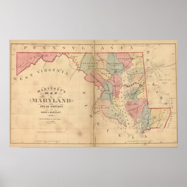 Póster Mapa de Maryland de Martenet, edición Atlas (Frente)