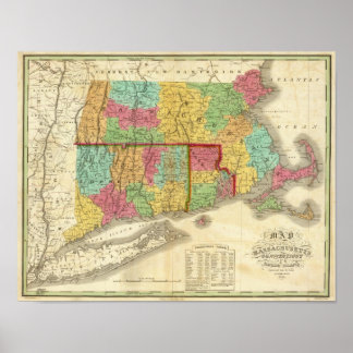 Póster Mapa de Massachusetts Connecticut y Rhode Island