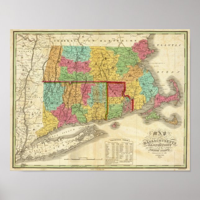 Póster Mapa de Massachusetts Connecticut y Rhode Island (Frente)