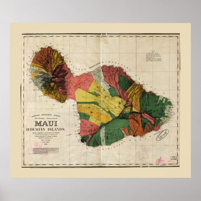 Póster Mapa de Maui, Isla de Hawái (1885) (Frente)