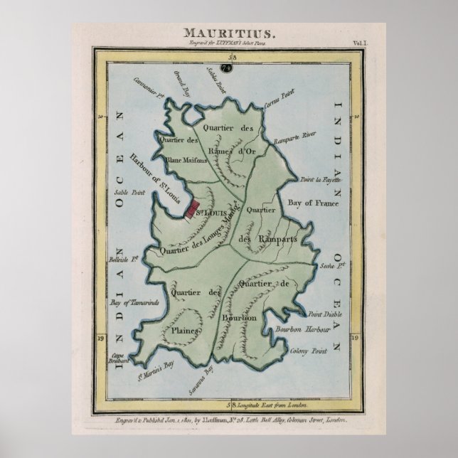 Póster Mapa de Mauricio de época (1801) (Frente)
