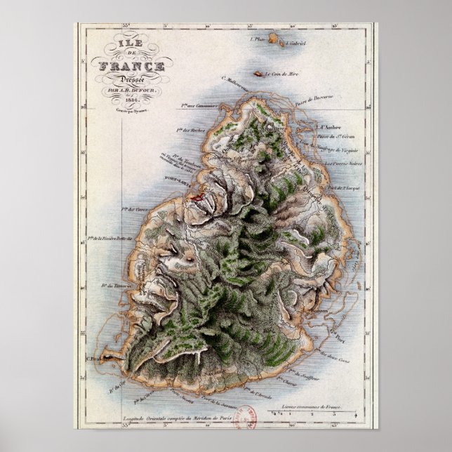 Póster Mapa de Mauricio, ilustracion 'Paul et Virginie' (Frente)