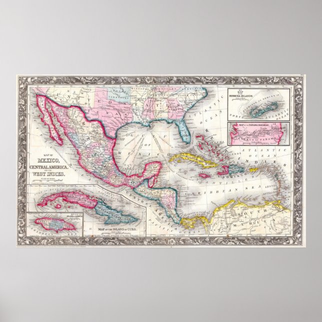 Póster Mapa de México, América Central y el Caribe (1860) (Frente)