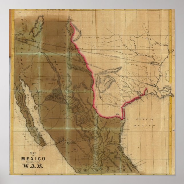 Póster Mapa de México mostrando el lugar de la guerra (Frente)