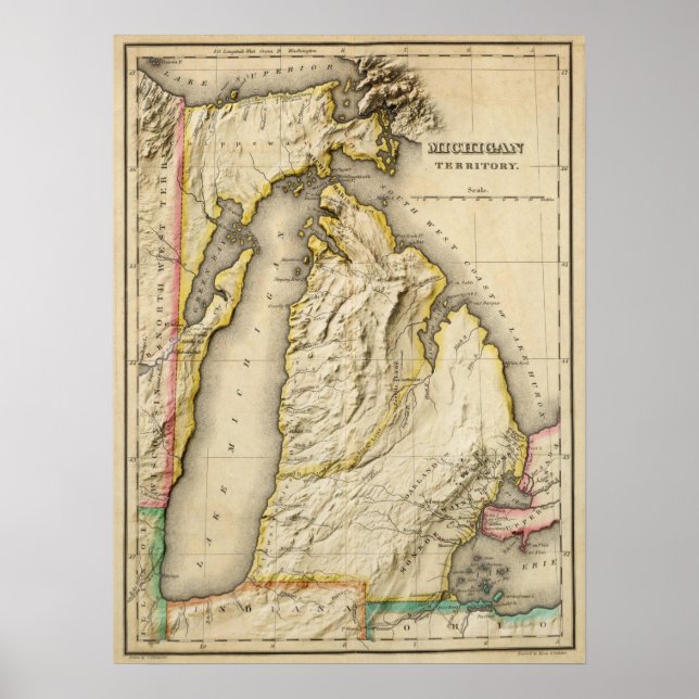Póster Mapa de Michigan antiguo 1822 con ayuda moderna (Frente)