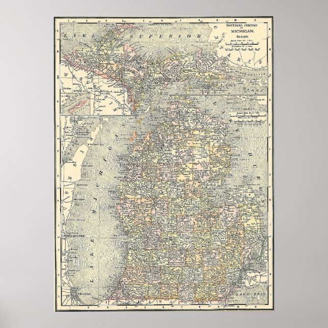 Póster Mapa de Michigan de 1901 (Frente)