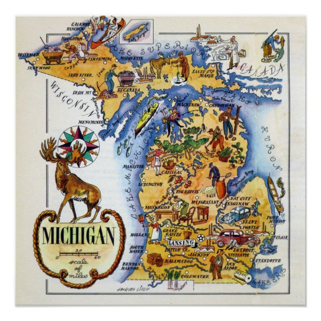 Póster Mapa de Michigan de los años 40 (Anverso)