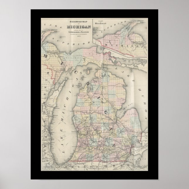 Póster Mapa de Michigan Vintage (Frente)