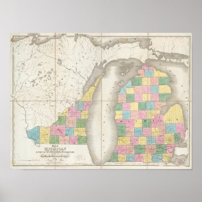 Póster Mapa de Michigan y parte del territorio de Wiscons (Frente)