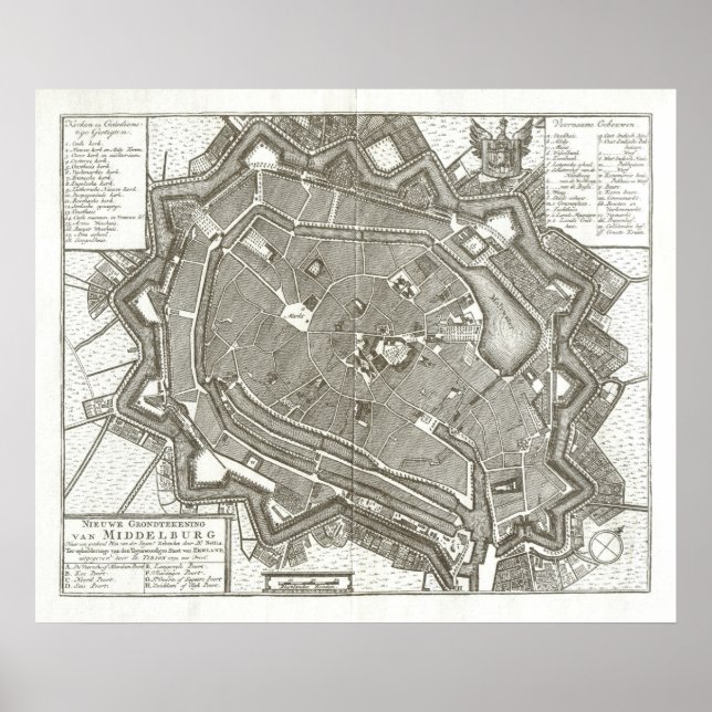 Póster Mapa de Middelburg, Países Bajos, 1751 (Frente)