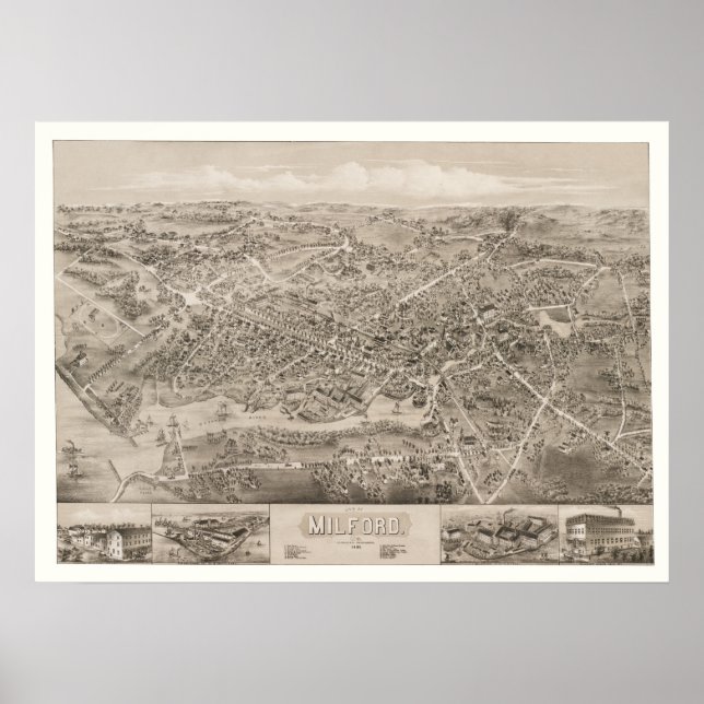 Póster Mapa de Milford, CT de 1882 (Frente)