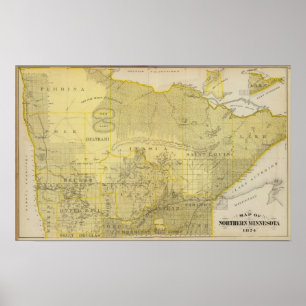 Póster Mapa de Minnesota septentrional, 1874