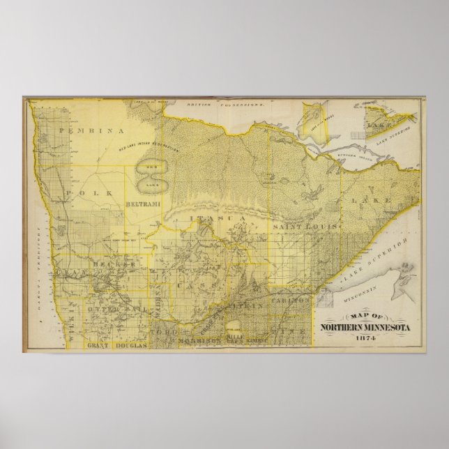 Póster Mapa de Minnesota Septentrional, 1874 (Frente)