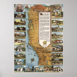 Póster Mapa de misiones de California en 1949