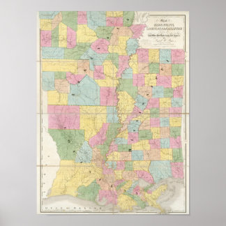 Póster Mapa de Misisipi, Luisiana y Arkansas