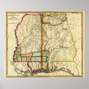 Póster Mapa de Mississippi y de AlabamaPanoramic