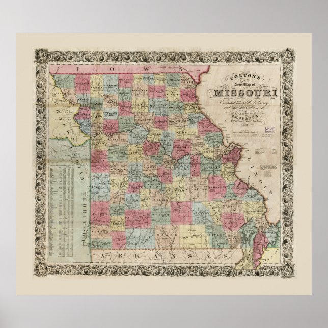 Póster Mapa de Missouri de Colton (1851) (Frente)