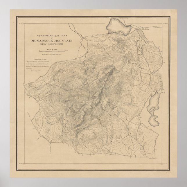 Póster Mapa de Monadnock del Monte Antiguo (1891) (Frente)