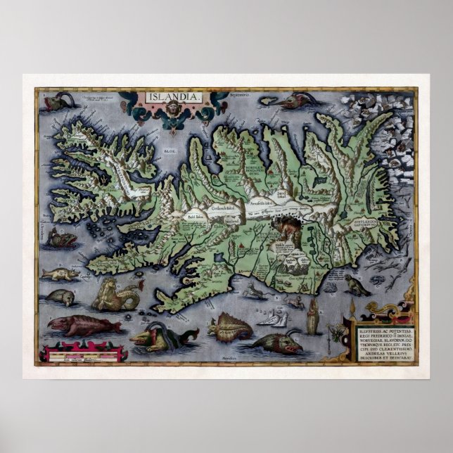 Póster Mapa de Monstruos Marinos de Islandia 1585 (Frente)