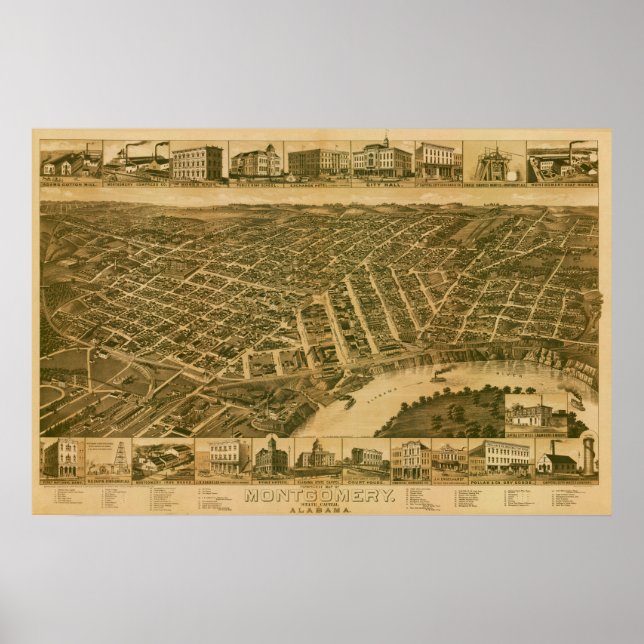 Póster Mapa de Montgomery, capital de Alabama (1887) (Frente)