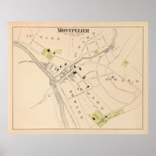 Póster Mapa de Montpelier VT (1876) Vermont Capital (Frente)