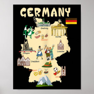 Póster Mapa de monumentos de Alemania, famosos monumentos