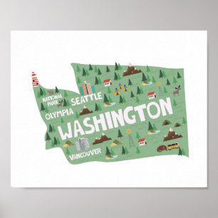 Póster mapa de monumentos de iconos de washington