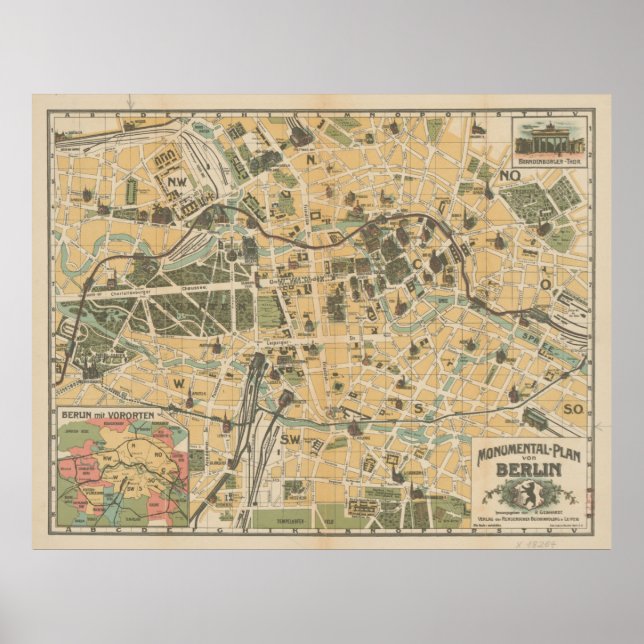 Póster Mapa de monumentos de la antigua Berlín Alemania ( (Frente)