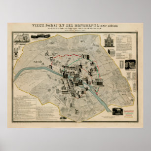 Póster Mapa de monumentos y monumentos de París