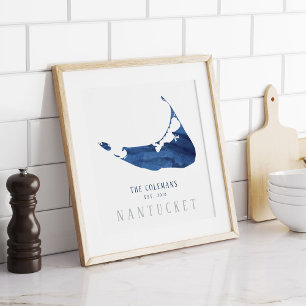 Póster Mapa de Nantucket de Acuarela Azul Familia Estable