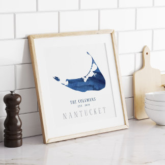 Póster Mapa de Nantucket de Acuarela Azul Familia Estable