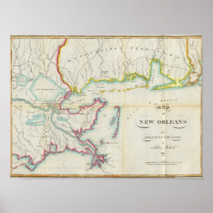 Póster Mapa de New Orleans y del país adyacente