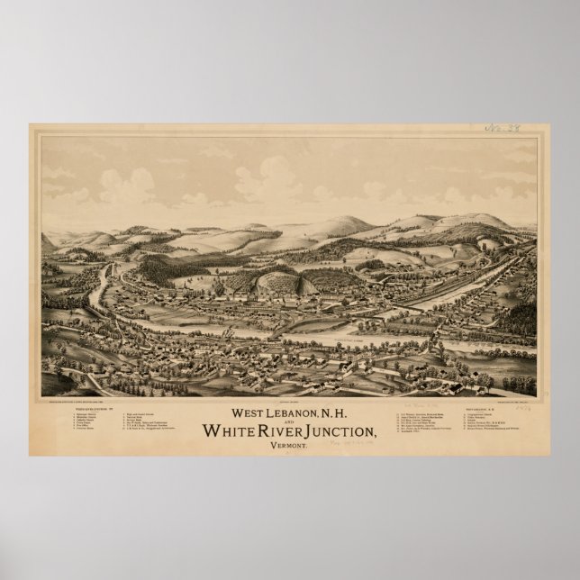 Póster Mapa de NH y White River Junction VT (1889) (Frente)