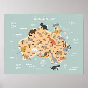 Póster Mapa de niños marsupiales australianos