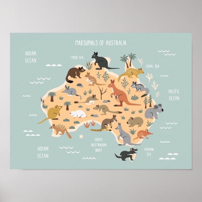 Póster Mapa de niños marsupiales australianos (Frente)