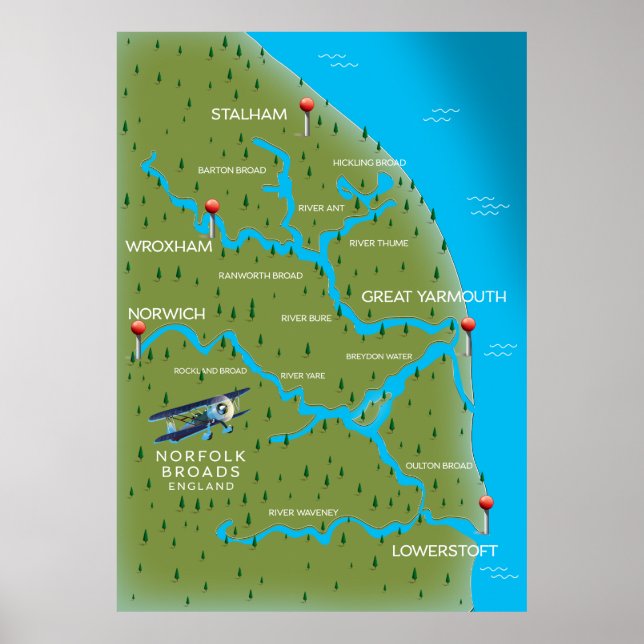 Póster Mapa de Norfolk Broads Inglaterra. (Frente)