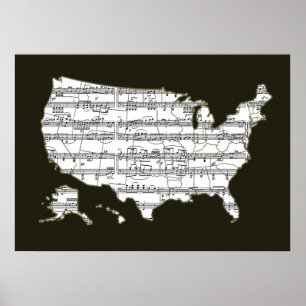 Póster mapa de notas de música de usa