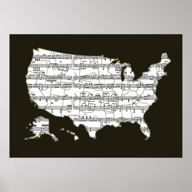 Póster mapa de notas de música de usa (Frente)