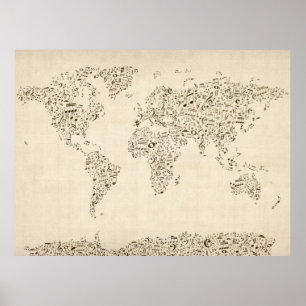 Póster Mapa de notas musicales del mundo